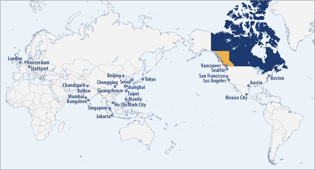 Trade and Invest BC có văn phòng đại diện tại 26 địa điểm.
Đội ngũ của chúng tôi tạo điều kiện thuận lợi cho thương mại, đầu tư trực tiếp nước ngoài và các cơ hội đầu tư khác, cung cấp thông tin chi tiết về hoạt động kinh doanh tại B.C., Canada và xuất khẩu từ British Columbia sang các thị trường trọng điểm. 