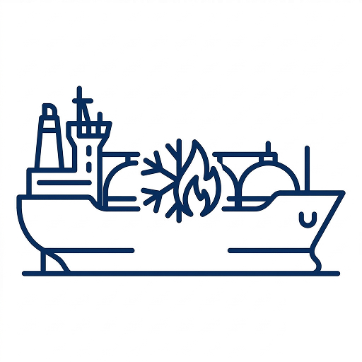 Đường viền của một con tàu hiển thị các biểu tượng bông tuyết và ngọn lửa, tượng trưng cho British Columbia, cơ sở hạ tầng xuất khẩu LNG và năng lực tài nguyên thiên nhiên của Canada.