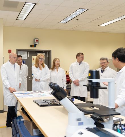 Những người mặc áo khoác phòng thí nghiệm màu trắng đứng bên kính hiển vi trong phòng thí nghiệm.