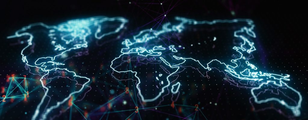 Minh họa bản đồ thế giới ba chiều trên nền dữ liệu lớn trừu tượng. Khái niệm công nghệ tương lai
