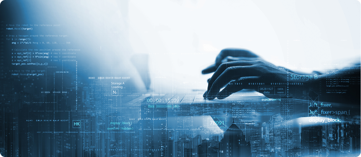 Hình ảnh có cận cảnh bàn tay gõ trên bàn phím máy tính xách tay, được đặt trên nền các yếu tố kỹ thuật số và cảnh quan thành phố.