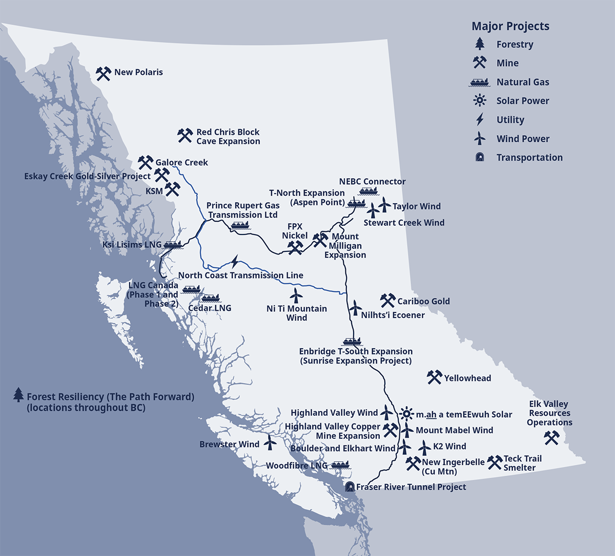 Map of British Columbia, Canada indicating sites of major forestry, mining, energy, utilities, and transportation projects relevant to economic activity.